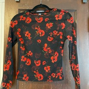Black Mesh Shirt with red flowers